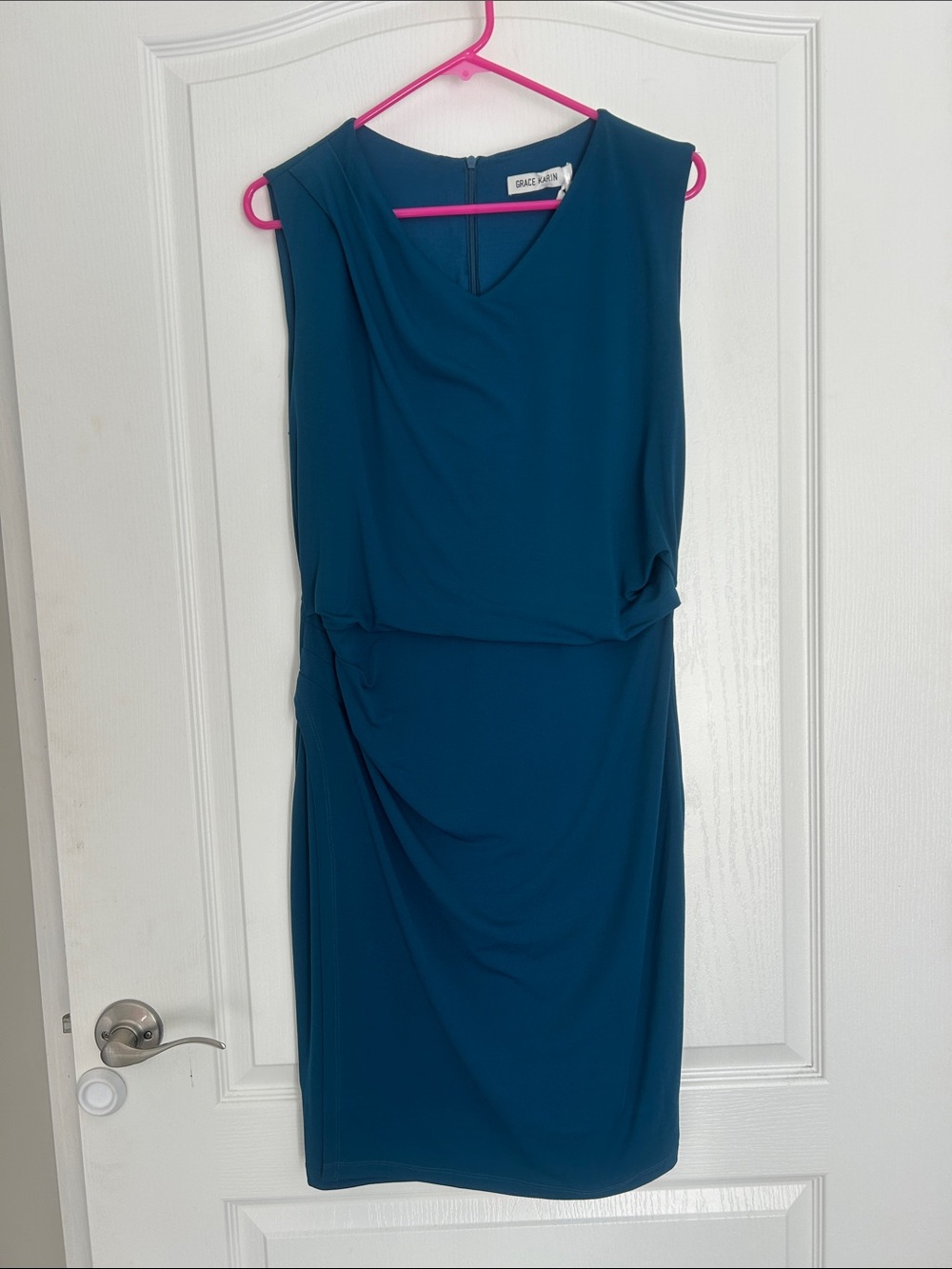 New classy Grace Karin Teal Draped Sleeveless Sheath Dress large